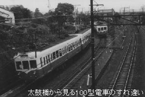 太鼓橋から見る100型電車のすれ違い
 太鼓橋をくぐると、右手の東海道線としばしお別れです。