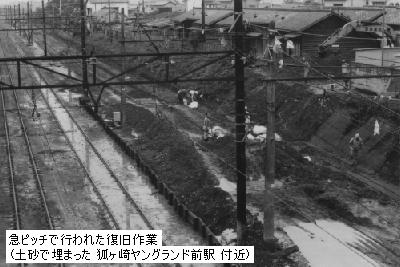 急ピッチで行われた復旧作業(土砂で埋まった狐ヶ崎ヤングランド前駅付近)