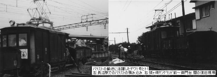 バラストの輸送に活躍したデワ1号とト1
左:長沼駅でのバラストの積み込み 右:狐ヶ崎ヤングランド前〜御門台 間の復旧現場