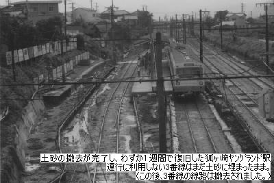 総力を挙げ、わずか1週間で復旧した静鉄 静岡清水線
 運行に利用しない3番線はまだ土砂に埋まったまま。(この後、3番線の線路は撤去されました。)
